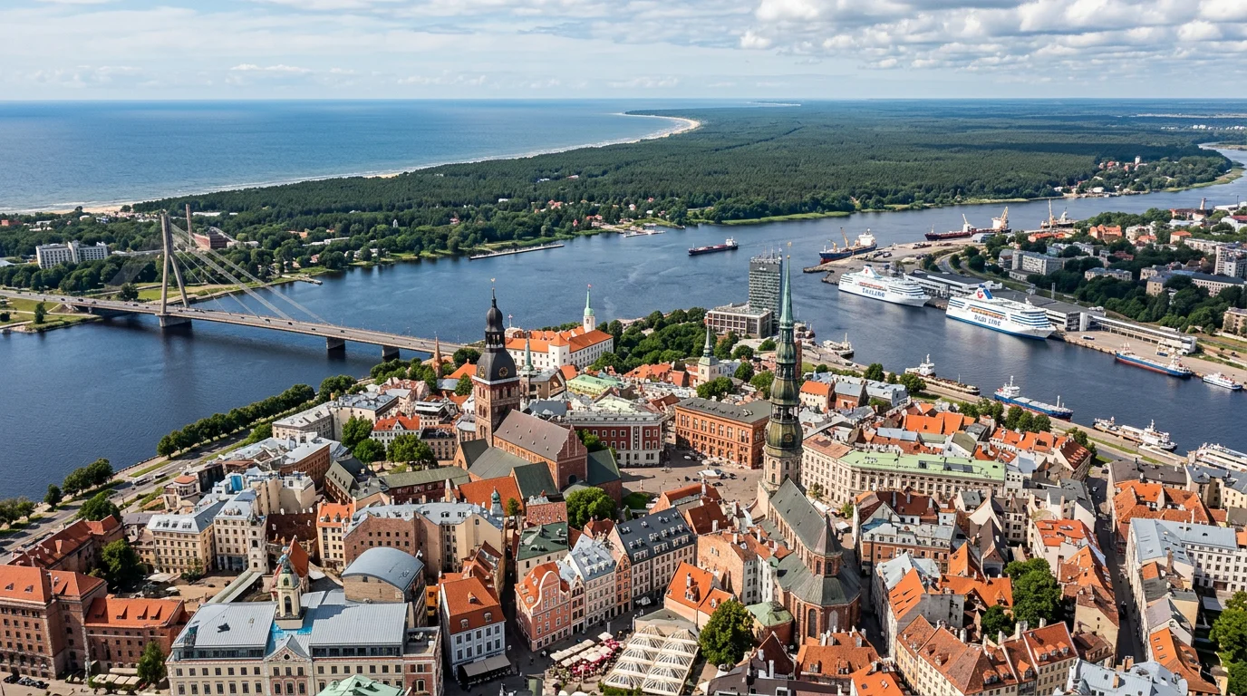 Best IPTV Latvia - Riga harbor view pine forest coastline