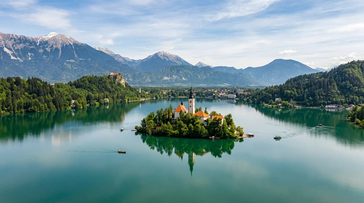 Best IPTV Slovenia - Lake Bled aerial view Julian Alps